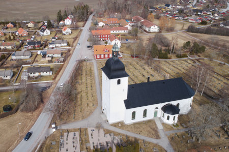 Stora Mellosa, Sweden - April 7, 2018: Aerial view of the Stora Mellosa church building.のeditorial素材