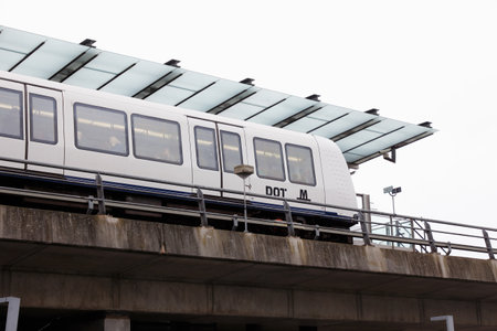 Copenhagen, Denmark - September 4, 2019: A low angle view of a metro train at theDR Byen station.のeditorial素材