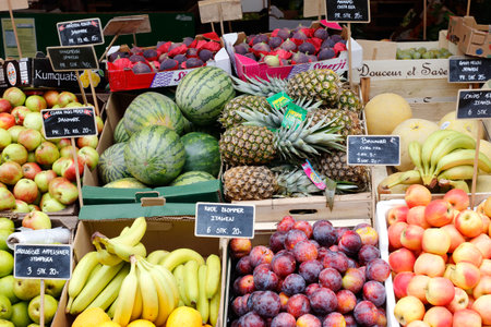 Copenhagen, Denmark - September 4, 2019: Market stall with fruits outside the Torvehallerne near Norreport.のeditorial素材