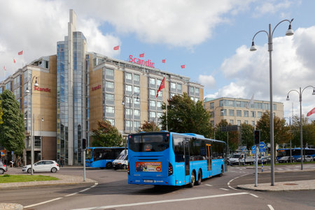 Gothenburg, Sweden - September 2, 2019: The Odinsplatsen with a city bus and the Scandic Crown hotel in the background.のeditorial素材