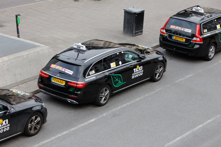 Stockholm, Sweden - September 10, 2019: High angle view of Taxi Stockholm taxis at the Stockholm...