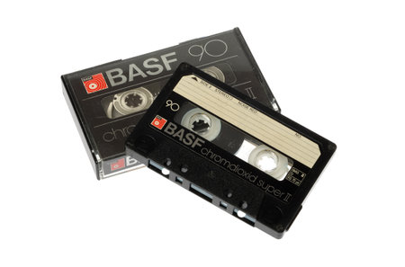 Stockholm, Sweden - November 12, 2019: One BASF chromdioxid audio compact cassette tape with its box from the 1980s era isolated on white background.のeditorial素材