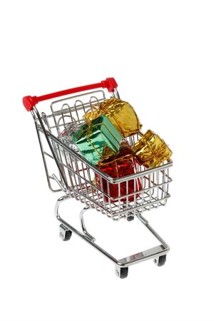 One shopping cart filled with wrapped presents.の写真素材