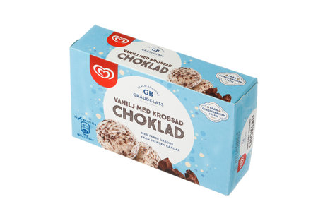 Stockholm, Sweden - November 22, 2019: A package produced by GB with vanilla ice cream with crushed chocolate for the Swedish market.のeditorial素材
