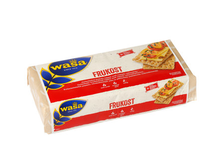 Stockholm, Sweden - December 7, 2019: One package of Wasa Frukost crispbread 480 g isolated on white background.のeditorial素材