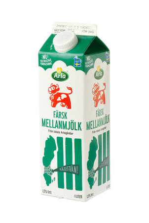 Stockholm, Sweden - December 27, 2019: A package with a liter of milk with 1.5  percent fat produced by the dairy Arla for the Swedish market as it looks in December 2019.のeditorial素材