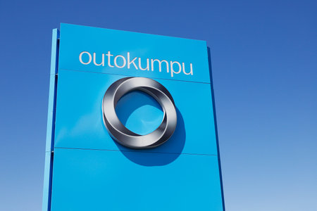 Fagersta, Sweden - July 10, 2020: Close-up of the Outokumpu sign and logo at the gate to the Outokumpu Fagersta stainless wire rod mill.のeditorial素材