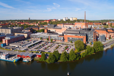 Sodertalje, Sweden - June 22, 2020: Aerial view over the AstraZeneca pharmaceutical factory located at Snackviken.のeditorial素材