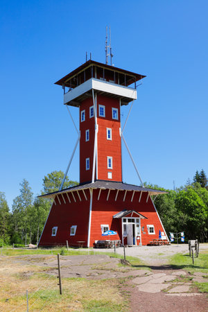 Gotene, Sweden - June 23, 2020: The red lookout tower built in wood on top of Mount Kinnekulle.のeditorial素材