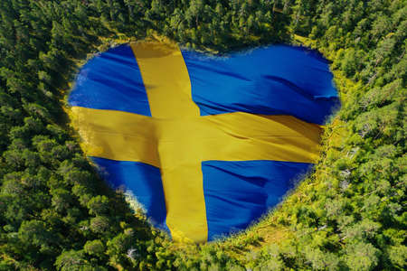 Heart-shaped Swedish flag in a forrest clearing.の写真素材