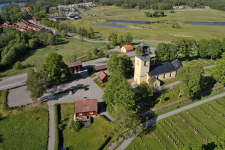 Turinge, Sweden - June 7, 2020: Aerial view of the Turinge church building and its surronding aera.のeditorial素材