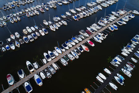 Sundbyholm, Sweden - August 28, 2020: Aerial view of pleasure boats moored in the marina.のeditorial素材