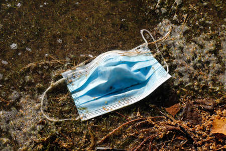 Disposable blue protective face mask droped in the nature.