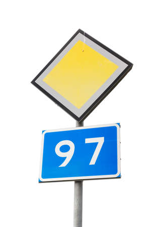 Road signs for primare road and road number 97 isolated on white background.の写真素材
