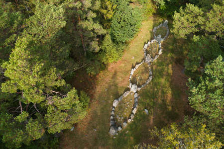 Aerial view of the bronze age  Rannarve four interconnected stone ships located near Klintehamn in the Swedish province of Gotland.の写真素材