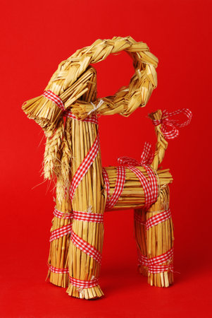 Side view of traditional Christmas billy goat straw decorartion on red background.の写真素材