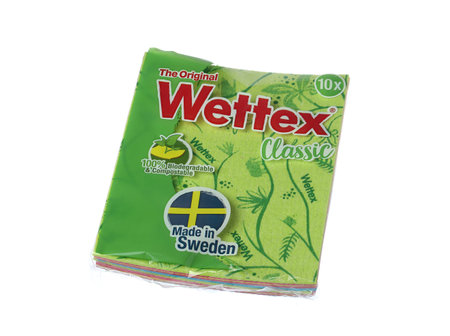 Stockholm, Sweden - February 26, 2021: A pack of 10 Wettex dishcloths isolated on white background.のeditorial素材