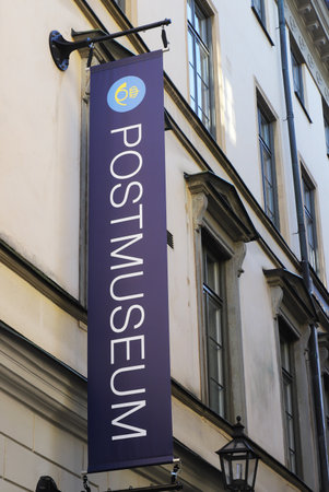 Stockholm, Sweden - April 19, 2021: View of the Postal museum sign, located in the Old town.のeditorial素材
