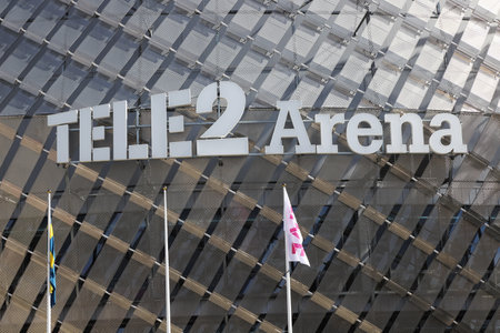 Stockholm, Sweden - April 27, 2021: Close-up view of the football stadium Tele2 Arena facade and sign.のeditorial素材