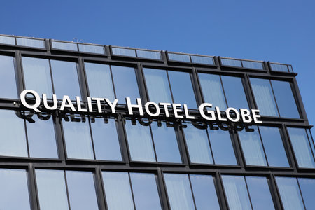 Stockholm, Sweden - April 27, 2021: Close-up view of the Quality hotel Globe sign.のeditorial素材
