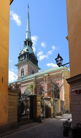 Stockholm, Sweden - April 30, 2021: Exterior view of the German church locataded in the Old town district.のeditorial素材