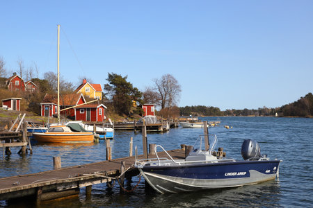 Exelosund, Sweden - April 18, 2021: Archipelago coastal seattlement.のeditorial素材