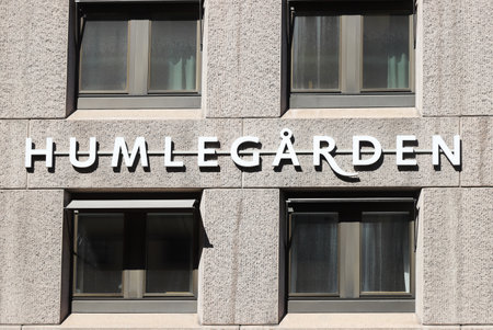 Stockholm, Sweden - May 12, 2021: The Humlegarden property owner advertising sign and logotype at the Kungsgatan street.のeditorial素材
