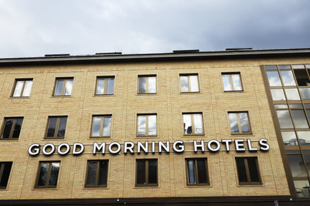 Karlstad, Sweden - June 21, 2021: Low angle exterior view of the Food morning hotel in the downtown district.のeditorial素材