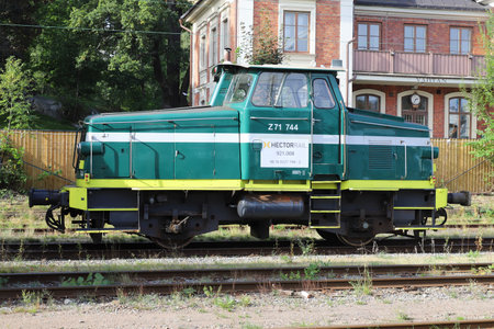 Stockholm, Sweden - September 1, 2021: Stationary gGreen shunter diesel locomitive class Z71 in service for Hector Rail at Vartan station.のeditorial素材