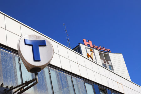 Stockholm, Sweden - August 31, 2021: Close-up view of Stockholm metro sign at the station in Hogdalen suburb.のeditorial素材