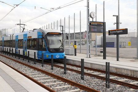 Stockholm, Sweden - August 16, 2021: Tram in service on line 31 at the Bromma airport station.のeditorial素材