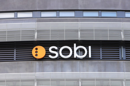 Solna, Swedan - September 2, 2021: Close-up view of the biopharmaceutical company Sobi (Swedish Orphan Biovitrum AB) logo on the head office building.のeditorial素材