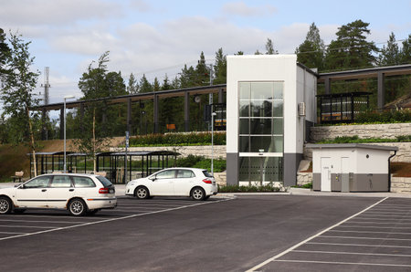 Kalix, Sweden - August 22, 2021: View of the Kalix railroad station and its parking space.のeditorial素材