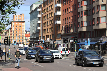 Stockholm, Sweden - September 2, 2021: Traffic in Stockholm on Sankt Eriksgatan street seen from Fleminggatan street to the north.のeditorial素材