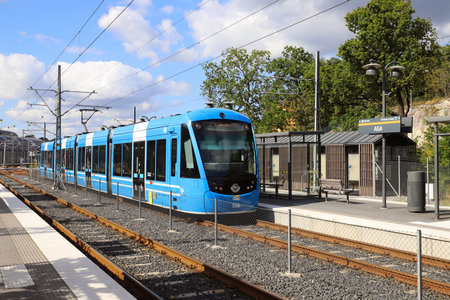 Lidingo, Sweden - August 30, 2021: Blue class A36 tram at the Aga stop on the Lidigobanan service.のeditorial素材