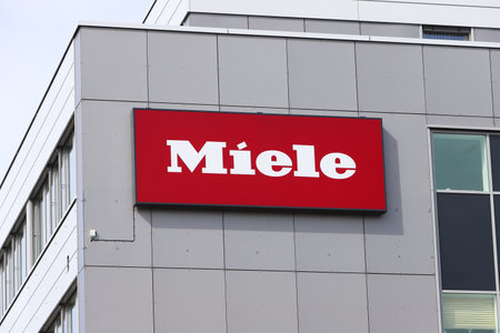 Solna, Sweden - September 2, 2021: Miele logo at the Swedish head office and repair shop located at the 20 Industrivagen road.のeditorial素材