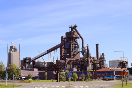 Lulea, Sweden - August 24, 2021: View of the west gate and the blast furnace at the SSAB steel mill.のeditorial素材