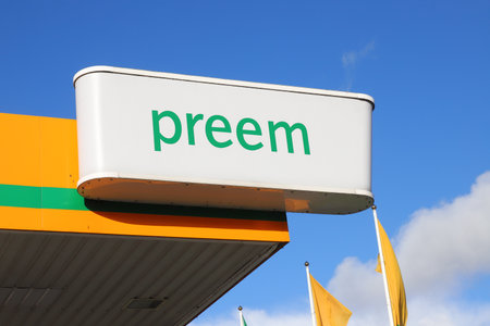 Karlskoga, Sweden - September 23, 2021: Close-up view of the Preem gasoline brand sign at the service station shelter,のeditorial素材