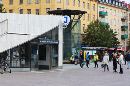 Stockholm, Sweden - September 2, 2021: Entrance to the underground  Odenplan metro and railroad stations.のeditorial素材