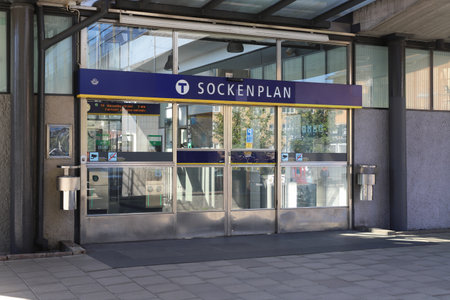 Stockholm, Sweden - AUgust 31, 2021: Exterior view of the Sockenplan  metro station.のeditorial素材