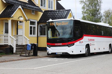 Hoting, Sweden - August 25, 2021: Public transport bus onn line 444 heading for Norraker waiting for its departure time at the railroad station bus stop.のeditorial素材