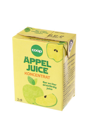 Stockholm, Sweden - December 30, 2021: A Coop branded 2 dl apple  fruit juice concentrate package  for the Swedish market.のeditorial素材