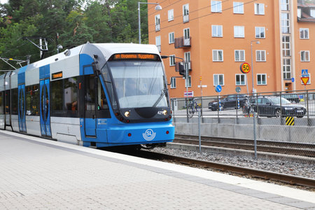 Stockholm, Sweden - August 16, 2021: The Bromma airport tram service on the Tvarban tramway at the Alvik stop.のeditorial素材