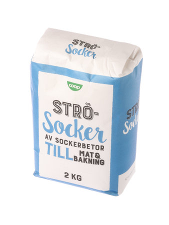 Stockholm, Sweden - December 30, 2021: One 2 kg Coop retail package of ganulated sugar for the Swedish market.のeditorial素材