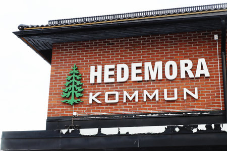 Hedemora, Sweden - December 20, 2021: Close-up of the Hedemora municipality sign at the town hall.のeditorial素材