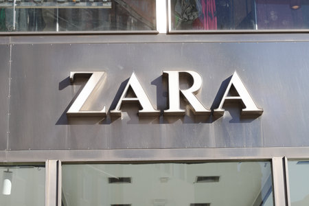 Stockholm, Sweden - April 19, 2022 Close-up view of the fashion store Zara logotype at the Stureplan square.のeditorial素材