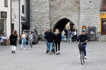 Visby, Sweden - October 2, 2020: People at the Osterport city vall gate in downtown Visby.のeditorial素材