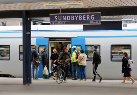 Sundbyberg, Sweden - May 23, 2017: Commuter train passenger exchange at the Sundbyberg railway  station.のeditorial素材