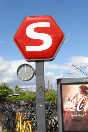 Hellerup, Denmark - June 14, 2022: S-Train sign at Hthe ellerup station.