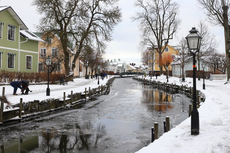 Trosa, Sweden - January 9, 2022: View of the winding trosa river through the town.のeditorial素材